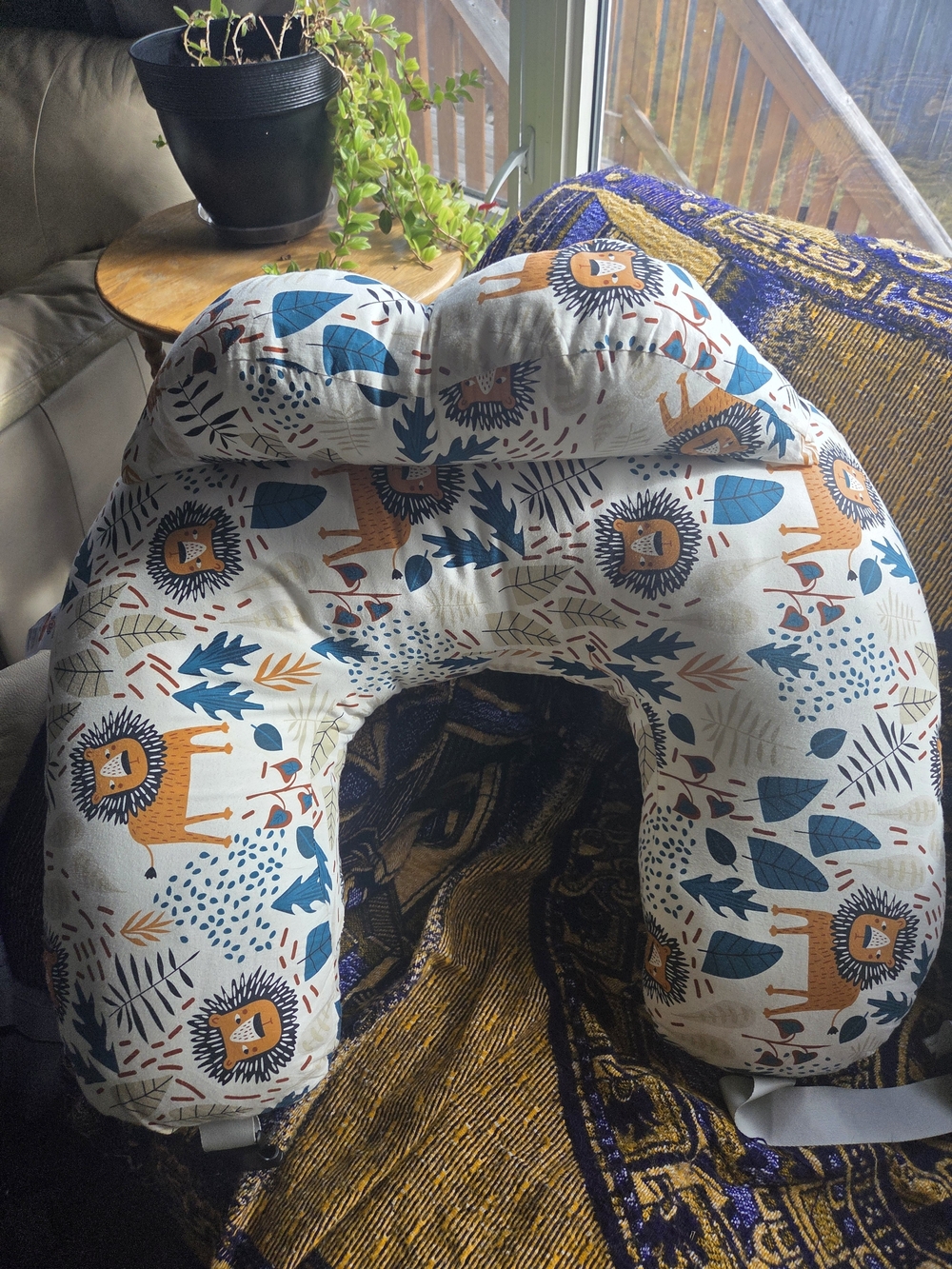 Cream Lion-Print Kids Nursing/Support Pillow in Blue and Orange